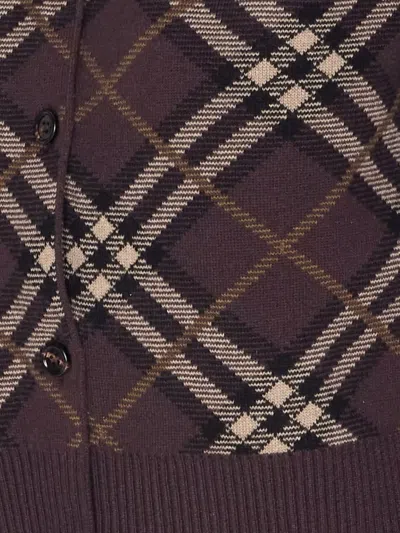 Burberry Long Sleeve Cardigan With Check Motif And Crewneck In Brown