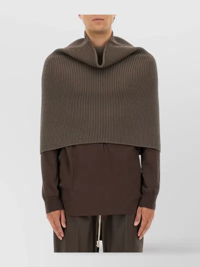 Rick Owens Ribbed Knitted Cape With Structured Collar In Brown