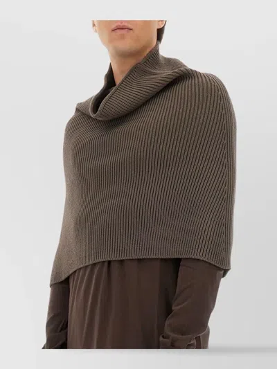 Rick Owens Ribbed Knitted Cape With Structured Collar In Brown