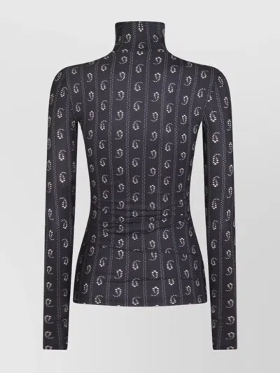 Tory Burch Turtleneck Long Sleeve Fitted Patterned Top In Black