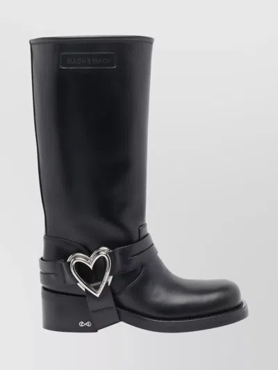 Mach&mach Heart Detail Knee-high Block Heel Boots In Black