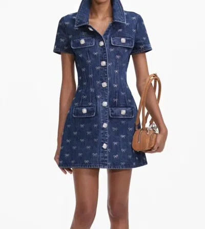 Self-portrait Bow-embellished Denim Mini Dress In Blue