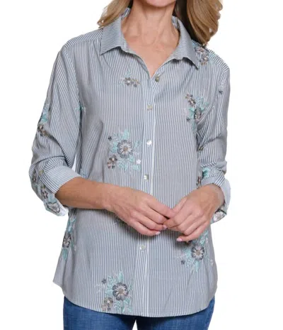 Multiples Roll Tab Button Front Hi/lo Shirt With Embroidery In Chambray In Blue
