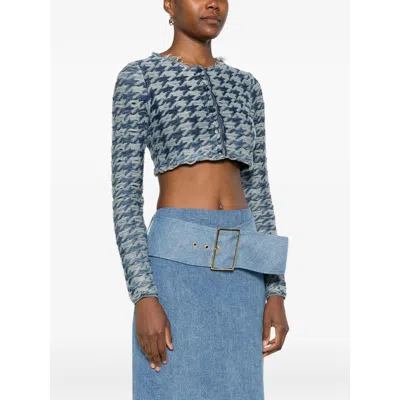 Diesel Long Sleeve Cropped Houndstooth Top In Blue