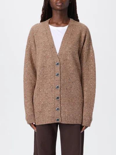 Pinko Bouclé Fabric Cardigan With Rhinestones In Brown