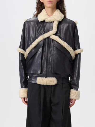 Magda Butrym Leather Jacket With Unique Fur Insert In Blue
