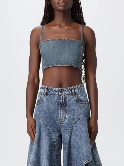 Alaïa Cropped Denim Top With Structured Silhouette In Blue