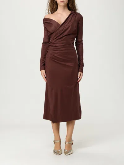 Elisabetta Franchi Brown Draped Midi Dress With Asymmetric Neckline In Viscose Stretch Woman In Brown