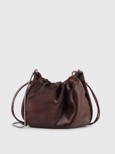 Brunello Cucinelli Mellow Mini Bucket Bag In Calf Hair With Precious Chain In Brown