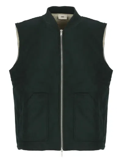 Autry Crewneck Wool Blend Vest With Logo Patch In Green