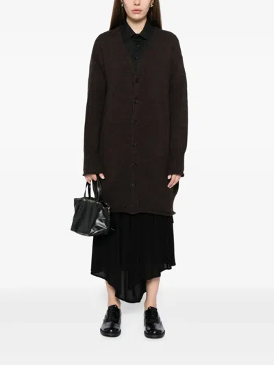 Yohji Yamamoto Logo-printed V-neck Cardigan In Brown