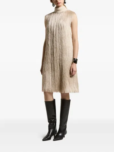 Peserico Fringed High-neck Dress In Neutral