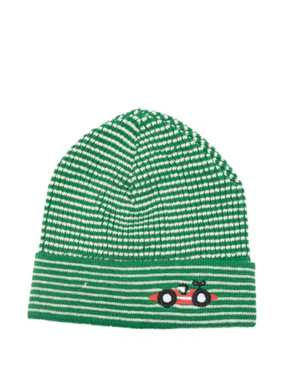 Bobo Choses Striped Car-embroidered Hat In Green