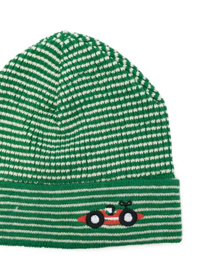 Bobo Choses Striped Car-embroidered Hat In Green
