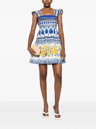 Farm Rio Zuli Organic Cotton Mini Dress In Off-white In Blue