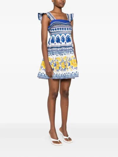 Farm Rio Zuli Organic Cotton Mini Dress In Off-white In Blue