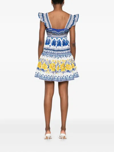 Farm Rio Zuli Organic Cotton Mini Dress In Off-white In Blue