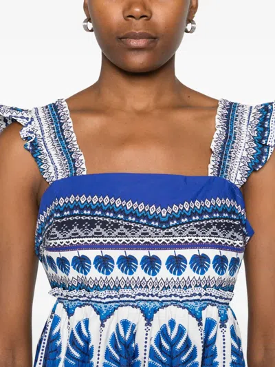 Farm Rio Zuli Organic Cotton Mini Dress In Off-white In Blue