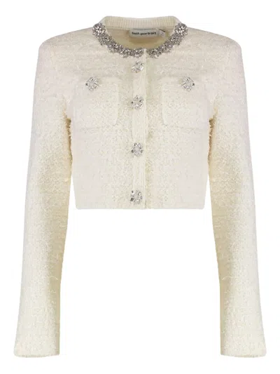 Self-portrait Crystal Embellished Beige Sweater In White