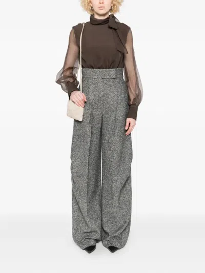 Brunello Cucinelli Sheer Long Sleeve Top With Tie Neck In Brown