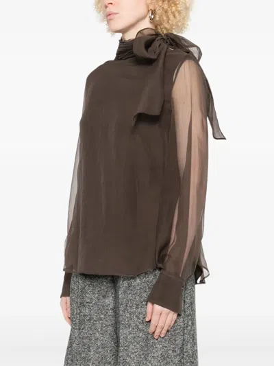 Brunello Cucinelli Sheer Long Sleeve Top With Tie Neck In Brown