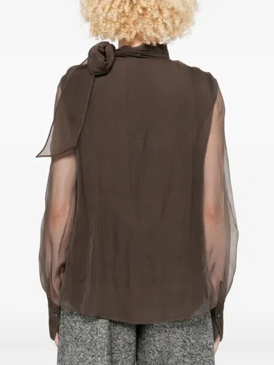 Brunello Cucinelli Sheer Long Sleeve Top With Tie Neck In Brown