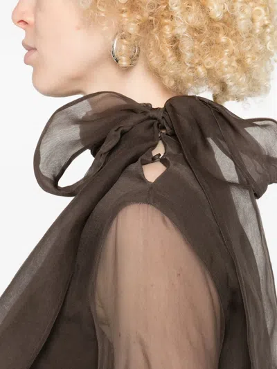 Brunello Cucinelli Sheer Long Sleeve Top With Tie Neck In Brown