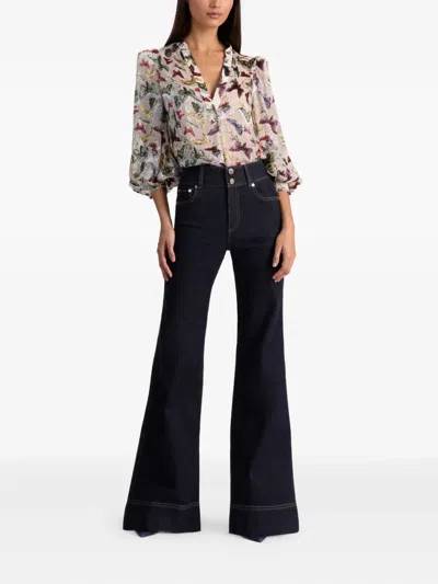 Alice And Olivia Sheila Blouson Sleeve Smocked Cuff Henley Top Spread Your Wings In Multi