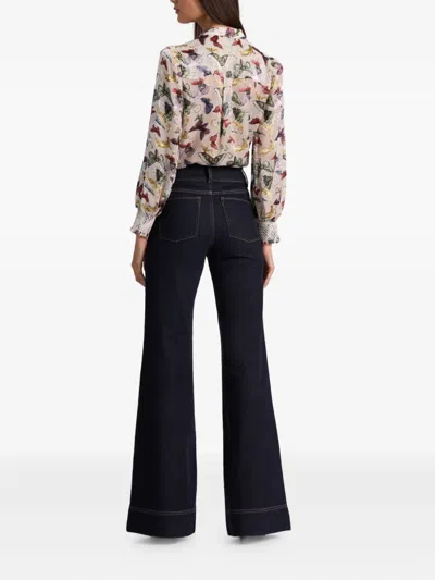 Alice And Olivia Sheila Blouson Sleeve Smocked Cuff Henley Top Spread Your Wings In Multi