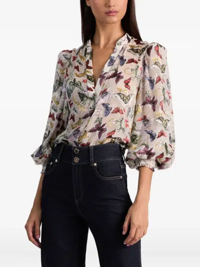 Alice And Olivia Sheila Blouson Sleeve Smocked Cuff Henley Top Spread Your Wings In Multi