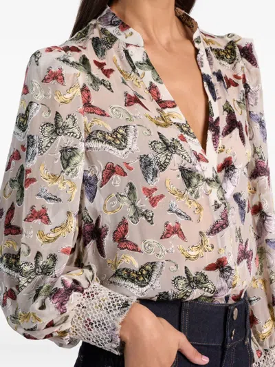 Alice And Olivia Sheila Blouson Sleeve Smocked Cuff Henley Top Spread Your Wings In Multi