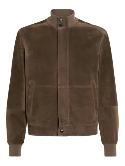 Zegna Leather Blouson Jacket In Brown