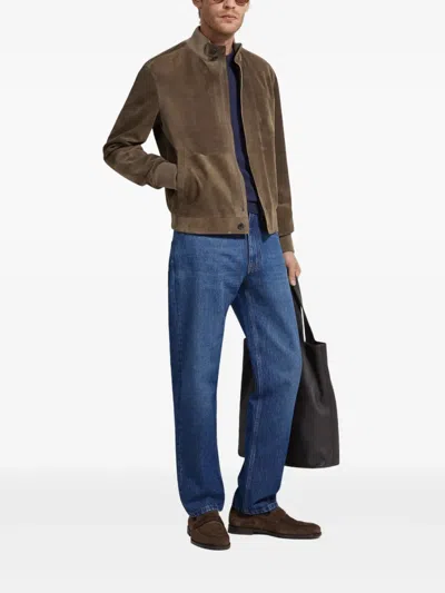 Zegna Leather Blouson Jacket In Brown