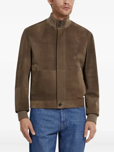 Zegna Leather Blouson Jacket In Brown