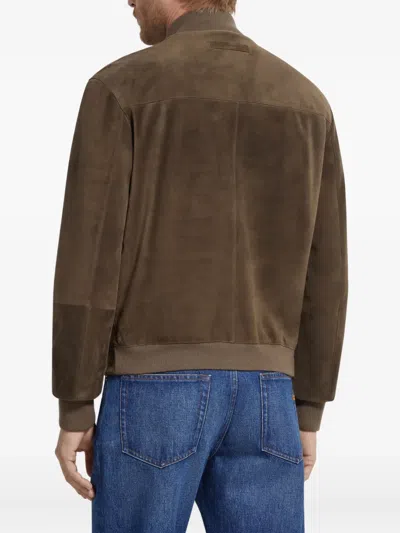 Zegna Leather Blouson Jacket In Brown