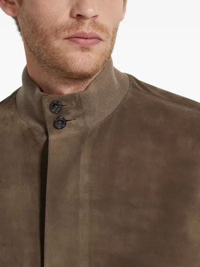 Zegna Leather Blouson Jacket In Brown