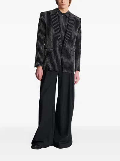 Balmain 1-button Wool Jacket With Crystal Stripes In Black