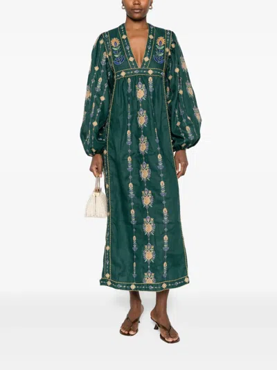 Farm Rio Green Pineapple Embroidered Euroflax Premium Linen Tunic Maxi Dress  | ModeSens