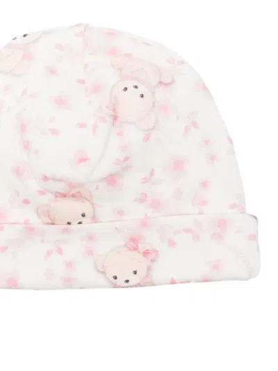 Monnalisa Teddy Bear-print Floral Beanie In Pink
