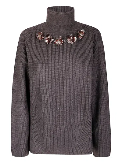 P.a.r.o.s.h Medium Knit Wool Sweater With Floral Embellishments In Purple