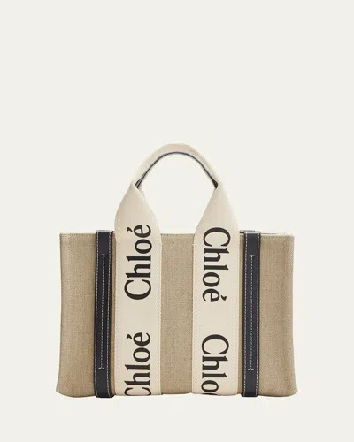Chloé Woody Small Tote Bag In Linen With Crossbody Strap In Multi