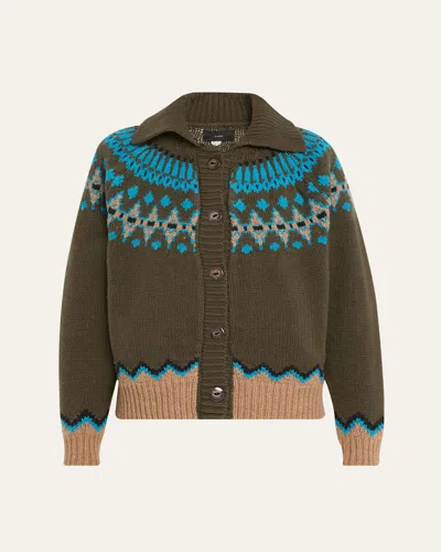 Alanui Olive Green Fair Isle Patterned Cardigan In Multi