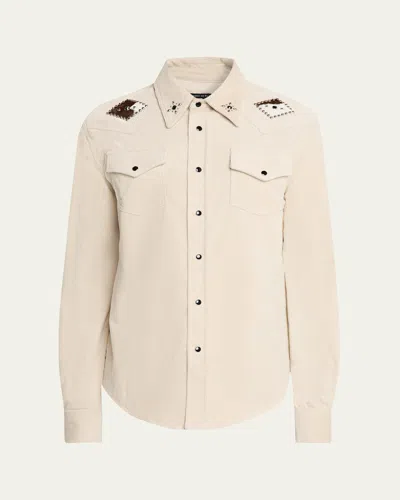 Cout De La Liberte Men's Stevie Cord-embellished Western Shirt In White