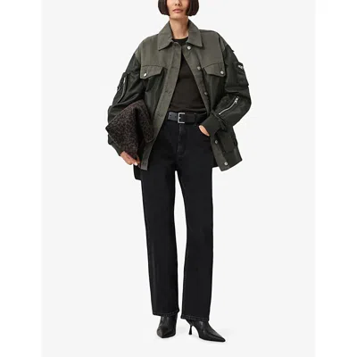 Allsaints Womens Khaki Green Verity Contrast-panel Relaxed-fit Woven Bomber Jacket