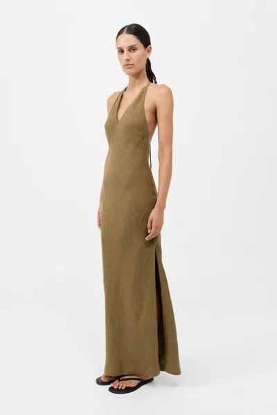 St Agni Linen Bias Halter Dress In Olive