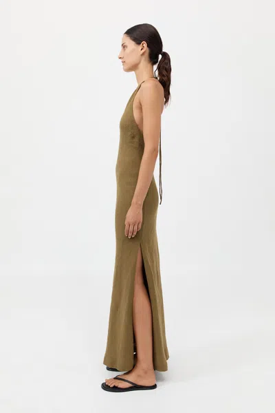 St Agni Linen Bias Halter Dress In Olive
