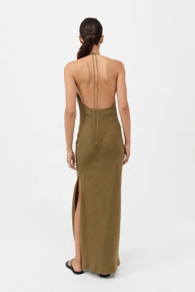 St Agni Linen Bias Halter Dress In Olive