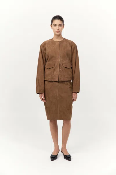 St Agni Round-neck Long-sleeve Casual Jacket In Brown