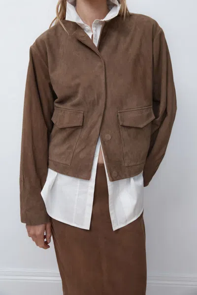 St Agni Round-neck Long-sleeve Casual Jacket In Brown