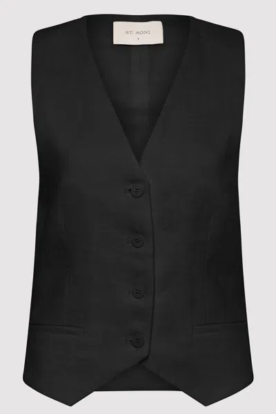 St Agni Tailored Linen Vest In Black